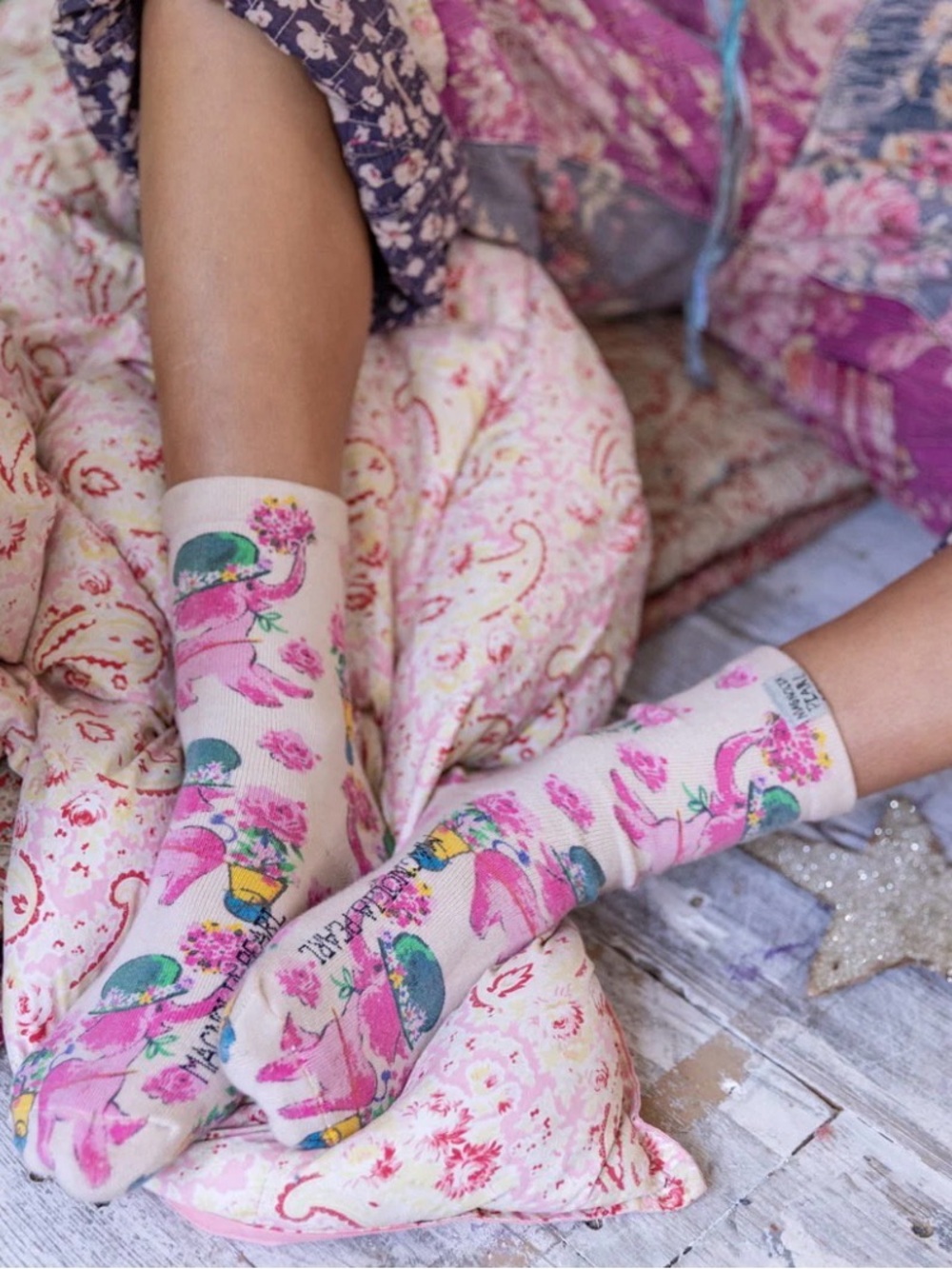 Magnolia Pearl Special delivery Elephant floral print socks cotton crew length